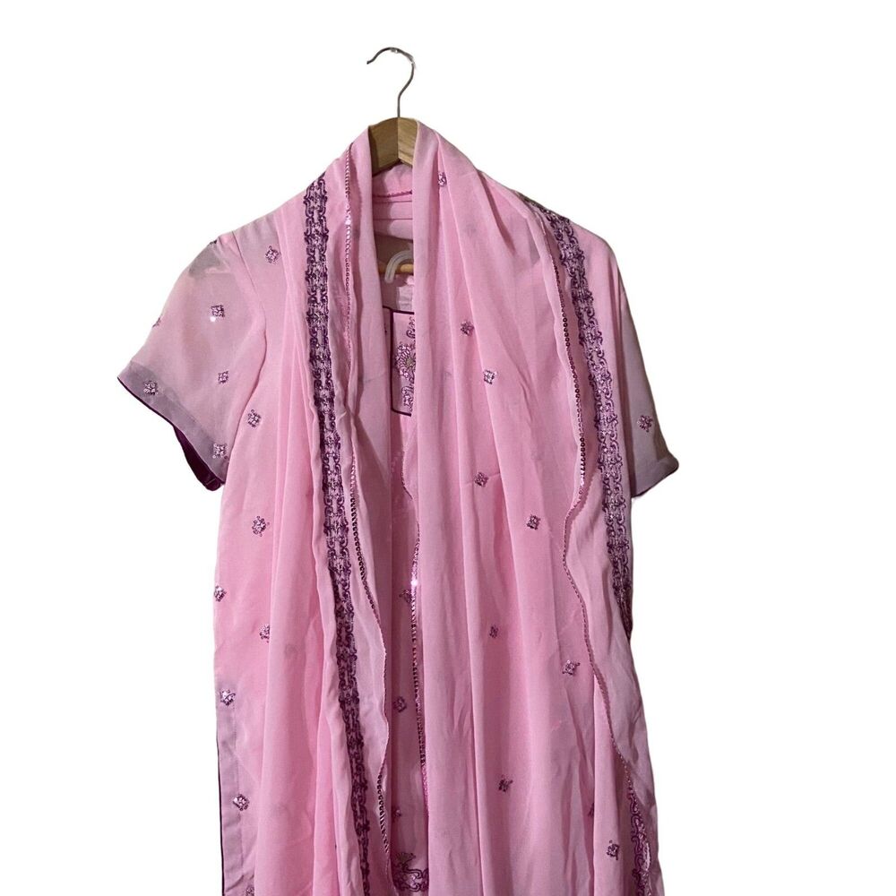 #7532 Womens Cultural Sari Beaded Pink Top with Scarf NO PANTS